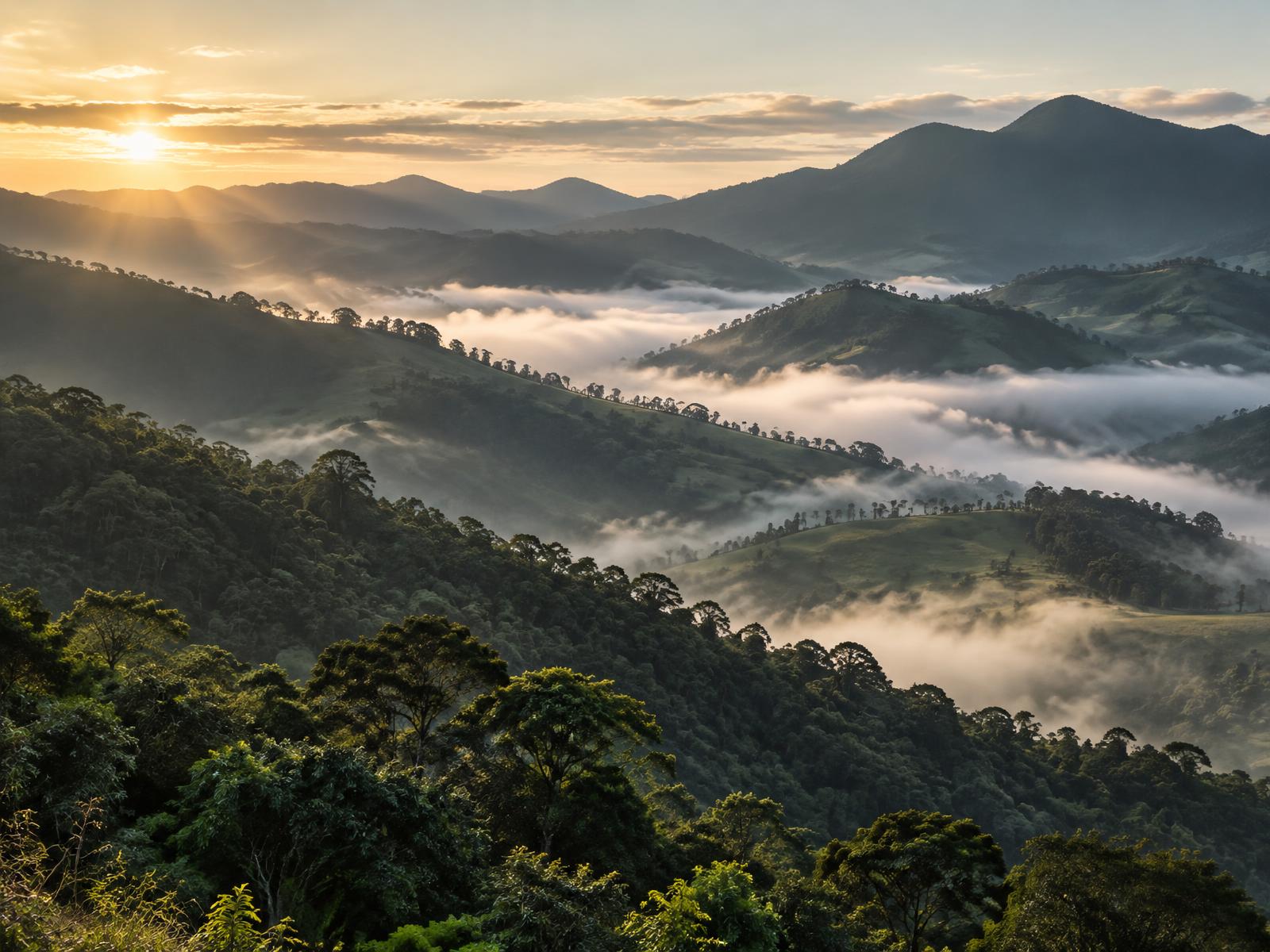 Paisagem da Serra da Mantiqueira envolta em névoa